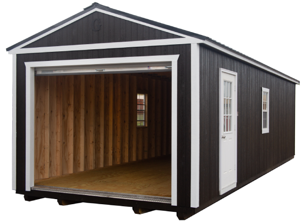 A black and white garage with wood siding.