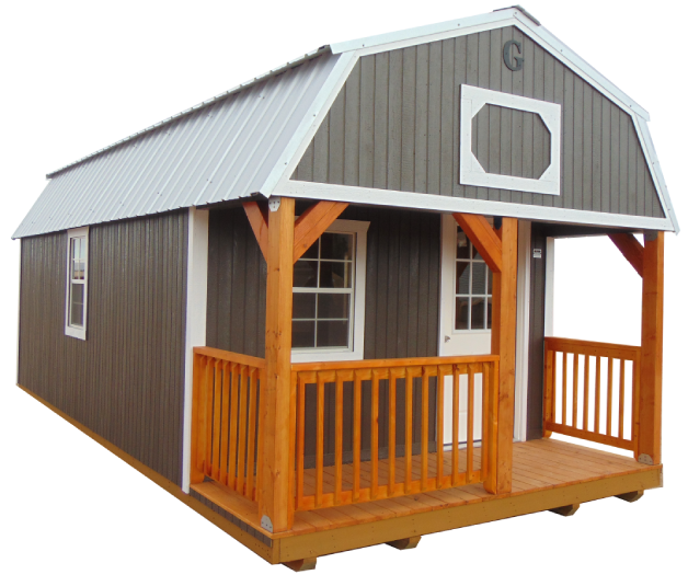 A small gray and white house with wooden deck.