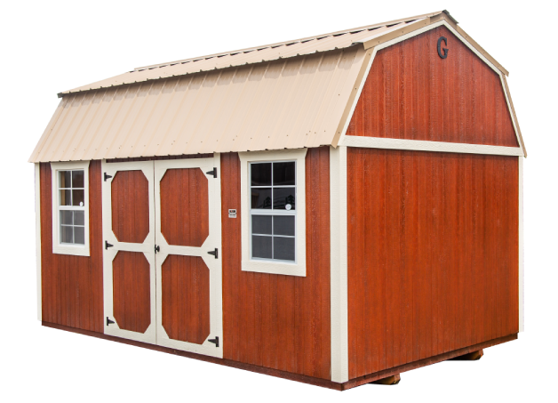 A red shed with windows and doors.