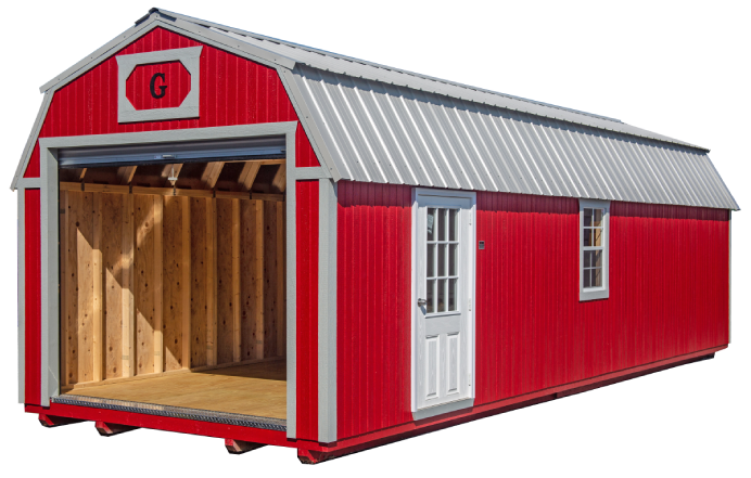 A red shed with a door open and the front of it.